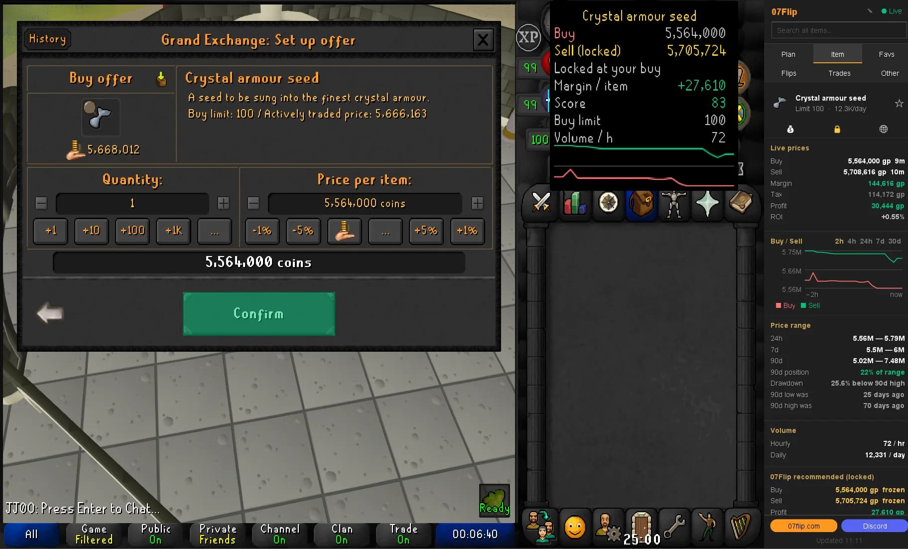 GE offer setup with the Confirm button tinted green because the entered price matches 07Flip's suggested price, the movable price overlay showing a locked sell, and the Item tab open in the sidebar