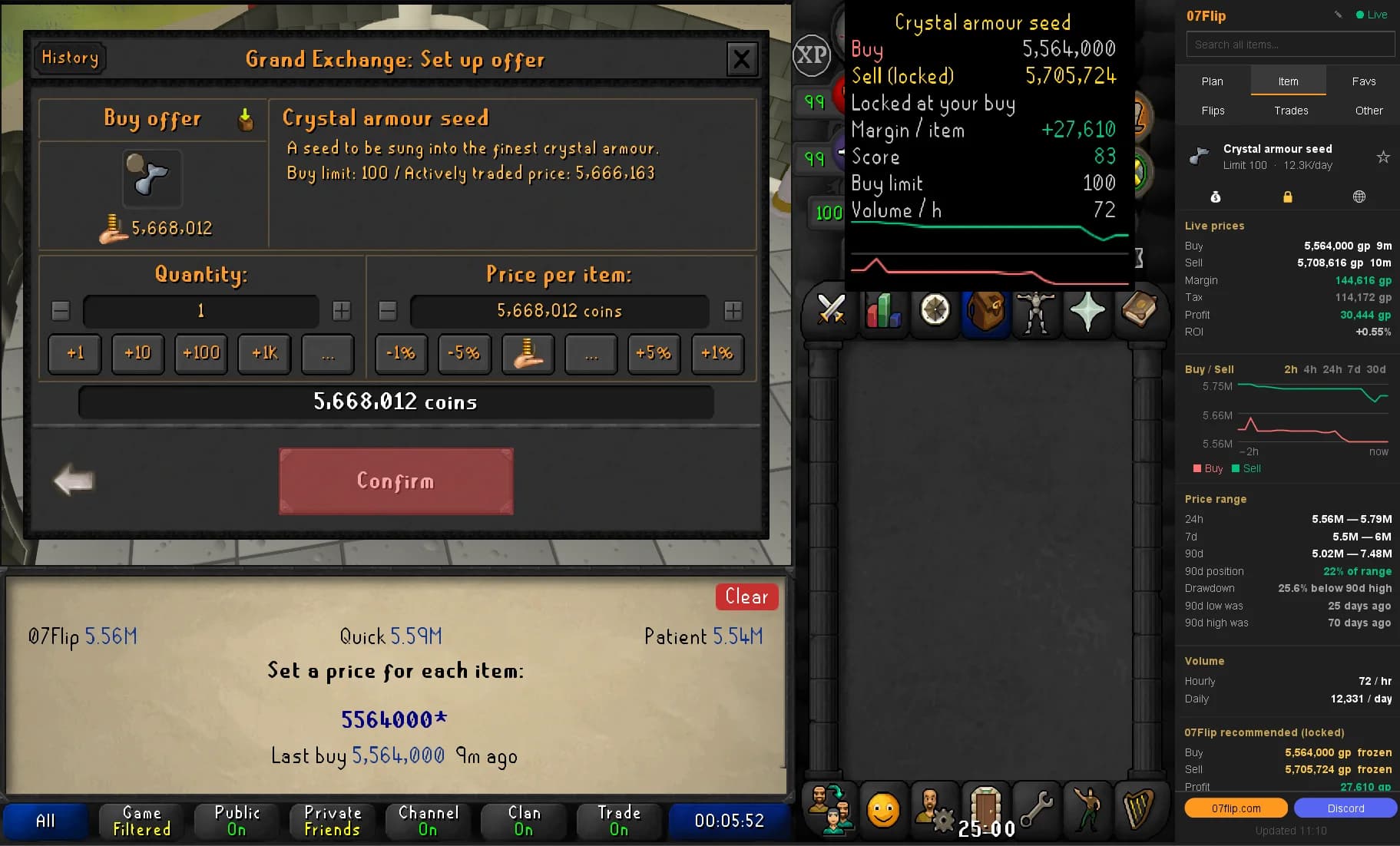 GE offer setup with the Confirm button tinted red because the entered price does not match, and the price ladder on the chatbox offering 07Flip, Quick and Patient prices with the last buy shown