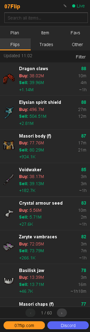 07Flip RuneLite plugin Flips tab listing Dragon claws, Elysian spirit shield and other flips with score, buy and sell prices, price ages and profit after tax