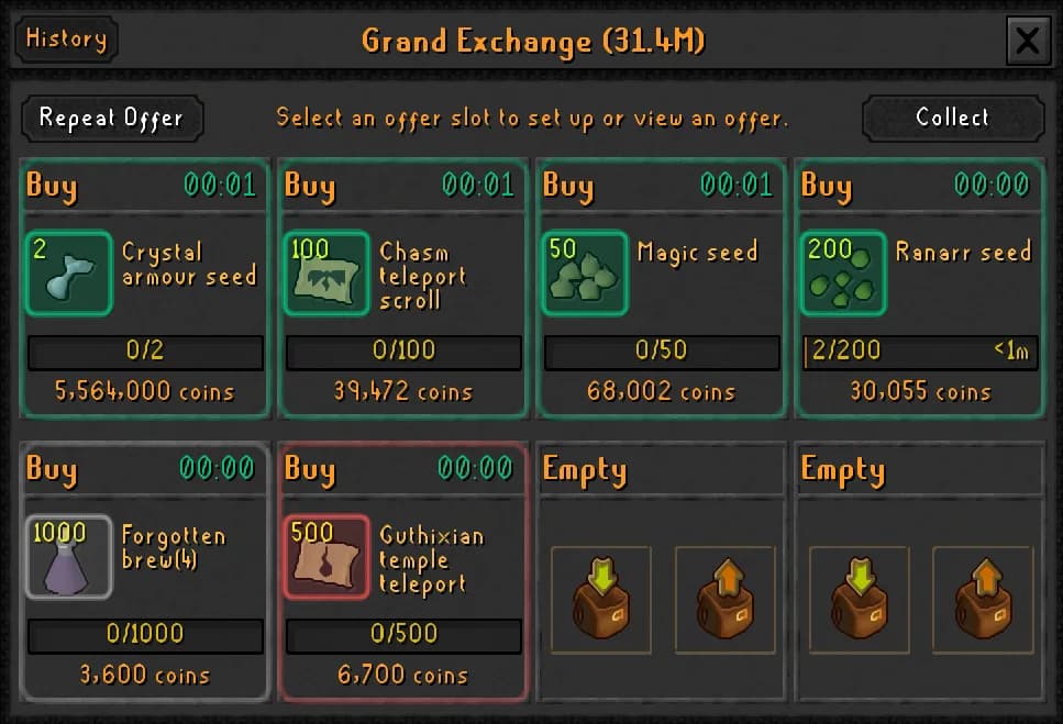 Grand Exchange offer screen with 07Flip Quick Look colouring each slot green, grey or red by how competitive the offer price is, with time-on-sale timers
