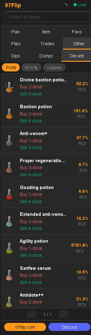 07Flip plugin Other tab on the Decant sub-tab, ranking potions by ROI with buy-dose and sell-dose for each