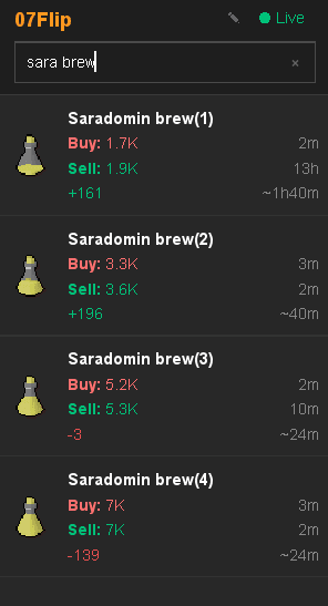 07Flip plugin search results for 'sara brew' showing all four Saradomin brew doses with buy and sell prices, ages and profit