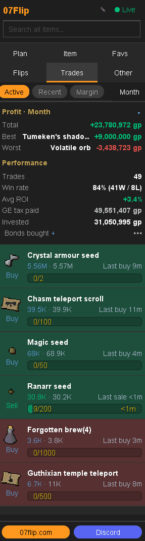 07Flip RuneLite plugin Trades tab showing active GE offers colour-graded by how competitive each offer price is, with your price against the live market and fill progress